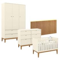 Quarto De Bebê Unique 3 Portas Com Cômoda 6 Gavetas E Painel Ripado Com Led Off White Eco Wood - Matic Quarto De Bebê Unique 3 Portas Com Cômoda 6 Gavetas E Painel Ripado Com Led Off White Eco Wood - Matic