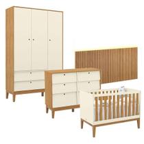 Quarto De Bebê Unique 3 Portas Com Cômoda 6 Gavetas E Painel Ripado Com Led Off White Freijó Eco Wood - Matic