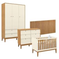 Quarto de Bebê Unique 3 Portas com Cômoda 6 Gavetas e Painel Ripado Off White Freijó Eco Wood - Matic
