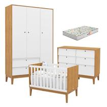 Quarto de Bebe Unique 3 Portas com Cômoda 6 Gavetas Freijó Branco Soft Eco Wood e Colchão Gazin - Matic