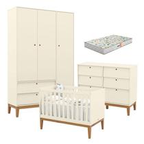 Quarto de Bebe Unique 3 Portas com Cômoda 6 Gavetas Off White Eco Wood e Colchão Gazin - Matic