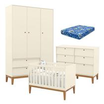 Quarto de Bebe Unique 3 Portas com Cômoda 6 Gavetas Off White Eco Wood e Colchão Ortobom - Matic