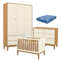 Quarto de Bebe Unique 3 Portas com Cômoda 6 Gavetas Off White Freijó Eco Wood e Colchão Ortobom - Matic