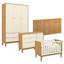 Quarto de Bebê Unique 3 Portas com Cômoda Sapateira e Painel Farm com Led Freijó Off White Eco Wood - Matic