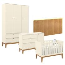 Quarto de Bebê Unique 3 Portas com Cômoda Sapateira e Painel Farm com Led Off White Eco Wood - Matic Quarto de Bebê Unique 3 Portas com Cômoda Sapateira e Painel Farm com Led Off White Eco Wood - Matic