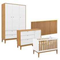 Quarto De Bebê Unique 3 Portas Com Cômoda Sapateira E Painel Ripado Com Led Branco Soft Freijó Eco Wood - Matic