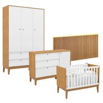 Quarto De Bebê Unique 3 Portas Com Cômoda Sapateira E Painel Ripado Com Led Freijó Branco Soft Eco Wood - Matic