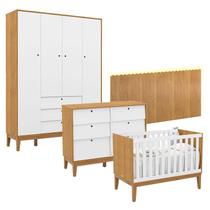 Quarto de Bebê Unique 4 Portas com Cômoda 6 Gavetas e Painel Farm com Led Freijó Branco Soft Eco Wood - Matic