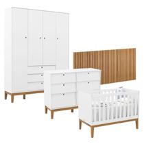 Quarto de Bebê Unique 4 Portas com Cômoda 6 Gavetas e Painel Ripado Branco Soft Eco Wood - Matic