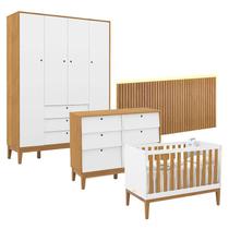 Quarto de Bebê Unique 4 Portas com Cômoda 6 Gavetas e Painel Ripado com Led Branco Soft Freijó Eco Wood - Matic Quarto de Bebê Unique 4 Portas com Cômoda 6 Gavetas e Painel Ripado com Led Branco Soft Freijó Eco Wood - Matic