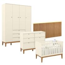 Quarto de Bebê Unique 4 Portas com Cômoda 6 Gavetas e Painel Ripado com Led Off White Eco Wood - Matic Quarto de Bebê Unique 4 Portas com Cômoda 6 Gavetas e Painel Ripado com Led Off White Eco Wood - Matic