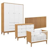 Quarto de Bebê Unique 4 Portas com Cômoda 6 Gavetas e Painel Ripado Freijó Branco Soft Eco Wood - Matic