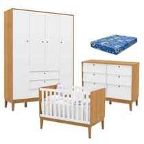 Quarto de Bebe Unique 4 Portas com Cômoda 6 Gavetas Freijó Branco Eco Wood e Colchão Ortobom - Matic