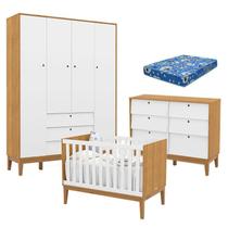 Quarto de Bebe Unique 4 Portas com Cômoda 6 Gavetas Freijó Branco Eco Wood e Colchão Ortobom - Matic Quarto de Bebe Unique 4 Portas com Cômoda 6 Gavetas Freijó Branco Eco Wood e Colchão Ortobom - Matic