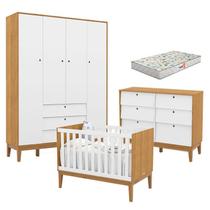 Quarto de Bebe Unique 4 Portas com Cômoda 6 Gavetas Freijó Branco Soft Eco Wood e Colchão Gazin - Matic