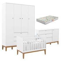 Quarto de Bebe Unique 4 Portas com Cômoda Sapateira Branco Soft Eco Wood e Colchão Gazin - Matic