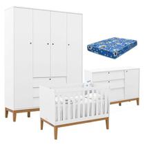 Quarto de Bebe Unique 4 Portas com Cômoda Sapateira Branco Soft Eco Wood e Colchão Ortobom - Matic