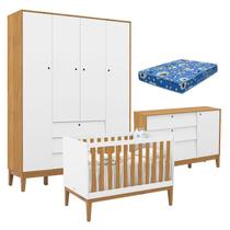 Quarto de Bebe Unique 4 Portas com Cômoda Sapateira Branco Soft Freijó Eco Wood e Colchão Ortobom - Matic Quarto de Bebe Unique 4 Portas com Cômoda Sapateira Branco Soft Freijó Eco Wood e Colchão Ortobom - Matic