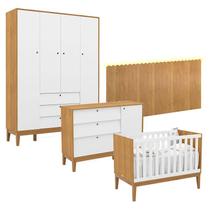 Quarto de Bebê Unique 4 Portas com Cômoda Sapateira e Painel Farm com Led Freijó Branco Soft Eco Wood - Matic Quarto de Bebê Unique 4 Portas com Cômoda Sapateira e Painel Farm com Led Freijó Branco Soft Eco Wood - Matic