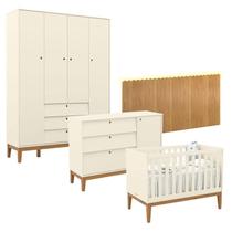 Quarto de Bebê Unique 4 Portas com Cômoda Sapateira e Painel Farm com Led Off White Eco Wood - Matic Quarto de Bebê Unique 4 Portas com Cômoda Sapateira e Painel Farm com Led Off White Eco Wood - Matic