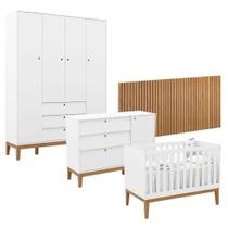Quarto De Bebê Unique 4 Portas Com Cômoda Sapateira E Painel Ripado Branco Soft Eco Wood - Matic