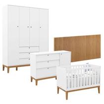 Quarto de Bebê Unique 4 Portas com Cômoda Sapateira e Painel Ripado Branco Soft Eco Wood - Matic