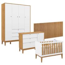 Quarto de Bebê Unique 4 Portas com Cômoda Sapateira e Painel Ripado Branco Soft Freijó Eco Wood - Matic