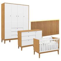Quarto de Bebê Unique 4 Portas com Cômoda Sapateira e Painel Ripado com Led Freijó Branco Soft Eco Wood - Matic