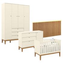 Quarto de Bebê Unique 4 Portas com Cômoda Sapateira e Painel Ripado com Led Off White Eco Wood - Matic Quarto de Bebê Unique 4 Portas com Cômoda Sapateira e Painel Ripado com Led Off White Eco Wood - Matic
