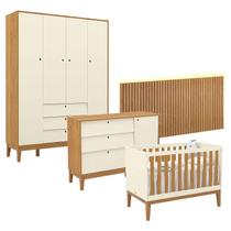 Quarto de Bebê Unique 4 Portas com Cômoda Sapateira e Painel Ripado com Led Off White Freijó Eco Wood - Matic Quarto de Bebê Unique 4 Portas com Cômoda Sapateira e Painel Ripado com Led Off White Freijó Eco Wood - Matic