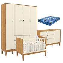 Quarto de Bebe Unique 4 Portas com Cômoda Sapateira Freijó Off White Eco Wood e Colchão Ortobom - Matic