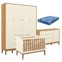 Quarto de Bebe Unique 4 Portas com Cômoda Sapateira Off White Freijó Eco Wood e Colchão Ortobom - Matic
