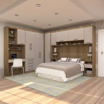 Quarto de Canto Casal com Guarda Roupas Cabeceira e Bancada Home Office Paris Luciane Móveis