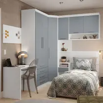 Quarto de Canto Solteiro com Guarda Roupas Cabeceira e Escrivaninha Alpes Luciane Móveis