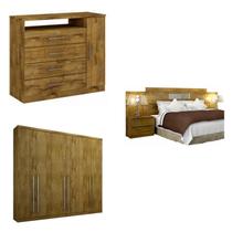 Quarto de Casal Completo MadeiraMadeira com Cômoda, Cabeceira com 2 Criados Mudos e Guarda Roupa 6 Portas 4 Gavetas 400971 Freijó Dourado - Novo horizonte