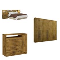 Quarto de Casal Completo MadeiraMadeira com Cômoda, Cabeceira com 2 Criados Mudos e Guarda Roupa 6 Portas 6 Gavetas 400942 Freijó Dourado - Novo Horizonte