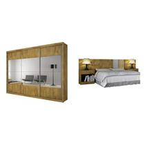 Quarto de Casal Completo MadeiraMadeira com Guarda Roupa 3 Portas 3 Gavetas e Cabeceira com 2 Criados Mudos 401484 Freijó Dourado - Novo Horizonte