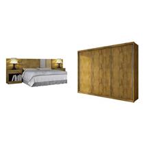 Quarto de Casal Completo MadeiraMadeira com Guarda Roupa 3 Portas 4 Gavetas e Cabeceira com 2 Criados Mudos 400984 Freijó Dourado - Novo horizonte