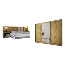 Quarto de Casal Completo MadeiraMadeira com Guarda Roupa 3 Portas 6 Gavetas e Cabeceira com 2 Criados Mudos 400989 Freijó Dourado - Novo Horizonte