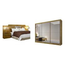 Quarto de Casal Completo MadeiraMadeira com Guarda Roupa 3 Portas 8 Gavetas e Cabeceira com 2 Criados Mudos 400973 Freijó Dourado - Novo horizonte