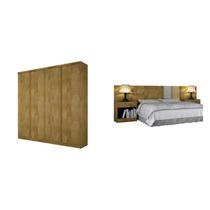 Quarto de Casal Completo MadeiraMadeira com Guarda Roupa 4 Portas 3 Gavetas e Cabeceira com 2 Criados Mudos 401470 Freijó Dourado - Novo Horizonte