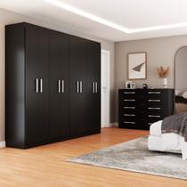 Quarto de Casal Ele e Ela Guarda-Roupa 8 Portas e 8 Prateleiras Cômoda 10 Gavetas Preto - Panorama Móveis