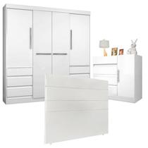 Quarto de Casal Guarda Roupa 1477 e Cômoda Excellence 8000 com Cabeceira Bia 160 cm Branco Araplac