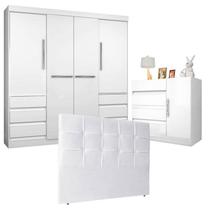 Quarto de Casal Guarda Roupa 1477 e Cômoda Exellence 8000 com Cabeceira Luiza 140 cm Branco Araplac