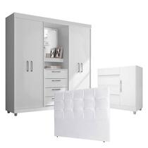 Quarto de Casal Guarda Roupa 2218 Cômoda 8000 e Cabeceira Luiza 140 cm Branco - Araplac