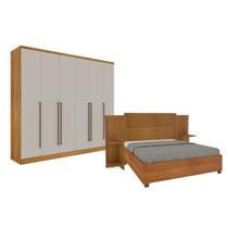 Quarto de Casal Guarda-Roupa 6 Portas Portugal e Cama Box Casal Monaco com Painel Espresso Móveis Bege/Cinamomo/Off White Quarto de Casal Guarda-Roupa 6 Portas Portugal e Cama Box Casal Monaco com Painel Espresso Móveis Bege/Cinamomo/Off White