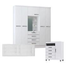 Quarto de Casal Guarda Roupa Córdoba e Cômoda Sapateira Cannes com Cabeceira Bela 140 cm Branco Incorplac