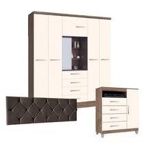 Quarto de Casal Guarda Roupa Córdoba e Cômoda Sapateira Cannes Teka Champanhe com Cabeceira Mariana 10 cm Marrom Incorplac