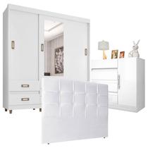 Quarto de Casal Guarda Roupa E37020 e Cômoda Exellence 8000 com Cabeceira Luiza140 cm Branco Araplac