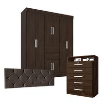 Quarto de Casal Guarda Roupa Munique e Cômoda Triunfo Ébano Touch com Cabeceira Mariana 160 cm Marrom Demóbile